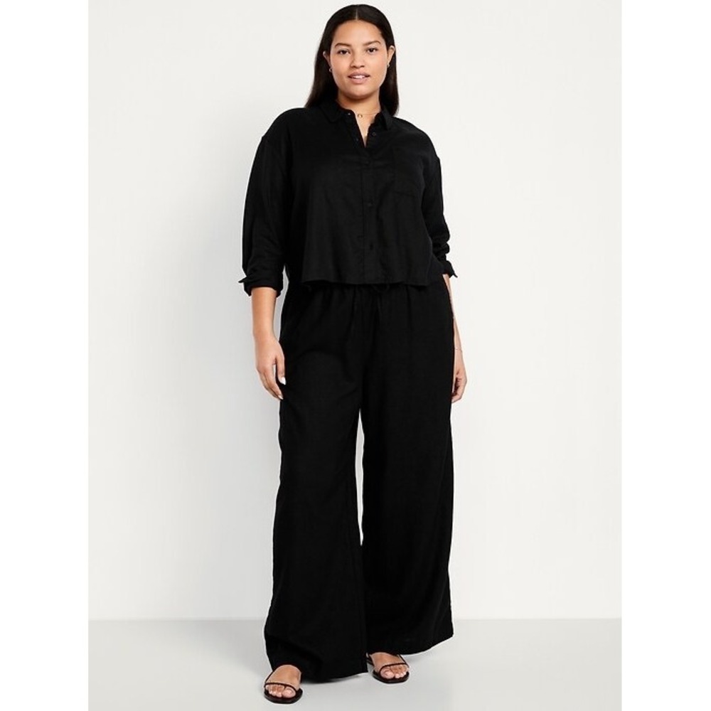 Old Navy 2025 High-Waisted Linen-Blend Super Wide-Leg Pants Black Plus Size 3X